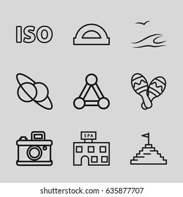 Creative icons set. set of 9 creative outline icons such as connection, spa building, maraca, iso, pyramid flag, sea and gull, protractor, planet and satellite