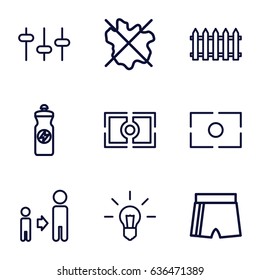 Creative icons set. set of 9 creative outline icons such as fence, no wash, son and father, energy drink, equalizer, camera focus, sport shorts