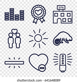 Creative icons set. set of 9 creative outline icons such as chameleon, sun, spa building, heart ribbon, gay couple, minus favorite, equalizer, camera