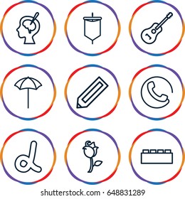 Creative icons set. set of 9 creative outline icons such as call, pencil, rose, brain surgery, guitar, studio umbrella, sail, alpha