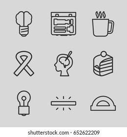Creative icons set. set of 9 creative outline icons such as mug, bulb, piece of cake, brain surgery, ribbon, camera, protractor