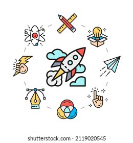 Creative icons set in a circle. Innovation, startup, artwork, project, idea promotion icon illustration isolated on white background.