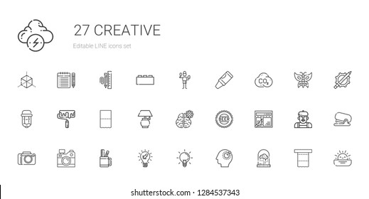 creative icons set. Collection of creative with brain, bulb, ideas, idea, pencil case, camera, layout, bottle cap, mind, lamp, toilet paper. Editable and scalable creative icons.