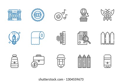 creative icons set. Collection of creative with glue stick, pencils, pencil, portfolio, oil paint, fence, curriculum, stationary, toilet paper. Editable and scalable creative icons.