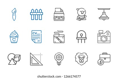 creative icons set. Collection of creative with portfolio, lion, idea, triangle, cubes, camera, diode, graphic tablet, curriculum, cake. Editable and scalable creative icons.