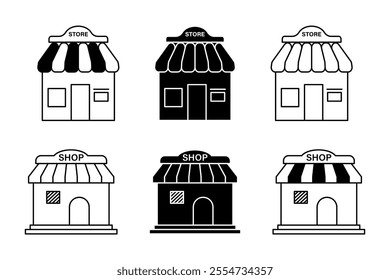 Creative Icons of Shop Front Views for Crafting Customer Journeys, Innovative Shop Front Icons for Competitive Branding, shop, store, products, business, ecommerce, marketplace, mall, silhouette