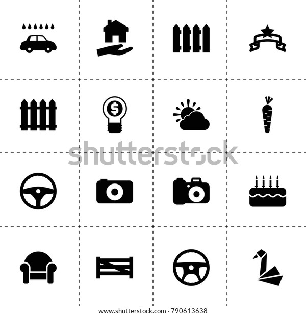 Creative icons. vector\
collection filled creative icons. includes symbols such as fence,\
steering wheel, armchair, car wash, house clean. use for web,\
mobile and ui design.