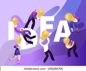 Creative Idea Abstract Bulb Character Motivation Banner. Business Brainstorm Communication Conceptual Poster Template. Think Quick Horizontal Abstract Typography Card Vector Flat Cartoon Illustration