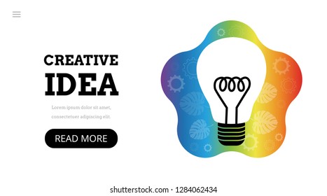Creative idea. Art. Landing page template. Modern flat design concept for web design. Vector illustration with lightbulb  and painter at work. Lamp. Rainbow.