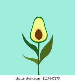 Creative idea of an avocado in the form of a flower, a cool concept of ripe avocado on a pastel background, minimal idea of a summer banner, avocado with flowers, food background, vector illustration