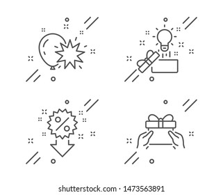 Creative idea, Balloon dart and Discount line icons set. Give present sign. Present box, Attraction park, Sale shopping. Receive a gift. Holidays set. Line creative idea outline icon. Vector