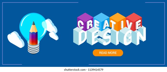 Creative idea banner. Image of a light bulb and woman. Highly detailed vector illustration of isometric objects