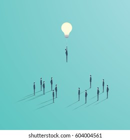 Creative idea best solution business vector concept. Businessman flying on a light bulb as a symbol of creativity. Eps10 vector illustration.