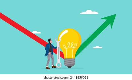 creative idea to boost business progress, developing solution to solve business problem, businessman fixes a light bulb idea to change a downward business graph to an upward one