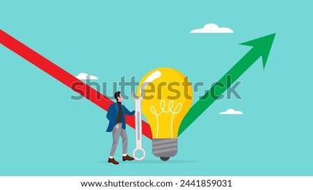 creative idea to boost business progress, developing solution to solve business problem, businessman fixes a light bulb idea to change a downward business graph to an upward one