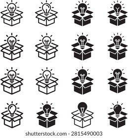 Creative idea box icon collection isolated on white background featuring innovation thinking inspiration brainstorming and startup concepts