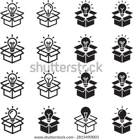 Creative idea box icon collection isolated on white background featuring innovation thinking inspiration brainstorming and startup concepts