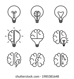 Idea creativa, conjunto de colecciones de iconos de línea Brainstone.  Cerebro en bombilla, cerebro y logo de educación de inteligencia artificial. EPS10 de ilustración vectorial
