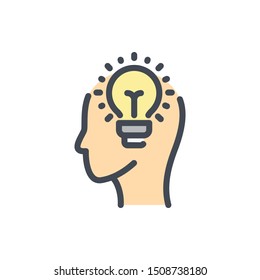 Creative Idea and brainstorm color line icon. Head with light bulb vector outline colorful sign.