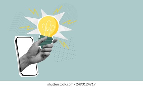 Creative idea or brainstorm concept. Halftone hand coming out of phone and holding bulb. Vector illustration with paper cut out elements. Retro poster or banner. Creative trend collage.