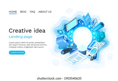Creative idea brainstorm, information lamp symbol, online web site design. Vector illustration