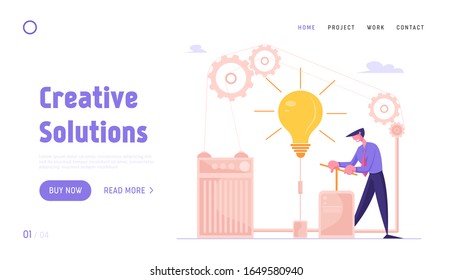 Creative Idea, Brainstorm, Searching Task Solution Website Landing Page. Businessman Push Huge Lever Arm To Switch On Light Bulb In Difficult Mechanism Web Banner. Cartoon Flat Vector Illustration