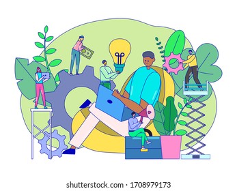 Creative idea brainstorming concept, tiny people cartoon characters, vector illustration. Freelancer working on laptop, inspiration for entrepreneur. Men and women suggest solution, project team group