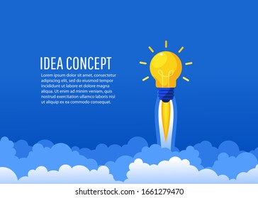 Creative idea. Bright luminous bulb in the form of a rocket flies up with text. Startup, Brainstorm, creating a new concept, flat lay style, vector illustration