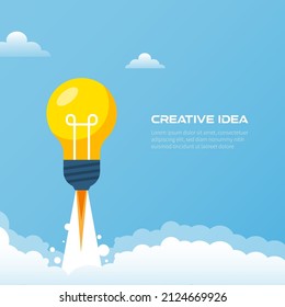 Creative idea. Bright luminous bulb in the form of a rocket flies up with text. Startup, Brainstorm, creating a new concept