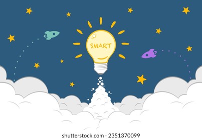 Creative idea, Bright luminous bulb in the form of a rocket flies up, Concept of learning and imagination for success or leadership of business, Inspiration and creativity for innovation design.