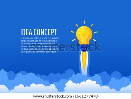 Creative idea. Bright luminous bulb in the form of a rocket flies up with text. Startup, Brainstorm, creating a new concept, flat lay style, vector illustration