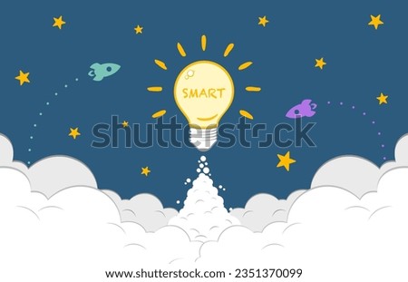 Creative idea, Bright luminous bulb in the form of a rocket flies up, Concept of learning and imagination for success or leadership of business, Inspiration and creativity for innovation design.