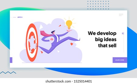 Creative Idea and Business Challenge Website Landing Page. Brave Businessman with Glowing Light Bulb Breakthrough Huge Target for Career Success Web Page Banner. Cartoon Flat Vector Illustration