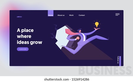 Página de Inicio del Sitio Web Creative Idea Business Challenge. Valiente hombre de negocios con brillante lámpara en mano Rompa pared rocosa a la oscuridad por el éxito Banner de la página web. Ilustración de vectores planos