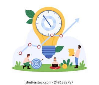 Creative idea for business development, potential startup success. Tiny people boost financial gain growth and increase sales, up arrow on graph report and light bulb cartoon vector illustration