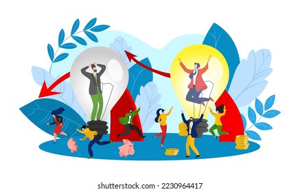 Creative idea business lamp, vector illustration. People creativity light and grey bulb concept, cartoon success innovation solution.
