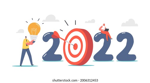 Idea creativa y concepto de plan de negocios. Empresario con una bombilla brillante en el enorme número 2022 con Target. Nueva oportunidad, logro de objetivos y éxito profesional. Ilustración de vectores de personas de caricatura