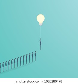 Creative idea business solution vector concept with businessman flying with lightbulb as balloon. Symbol of creativity, success, innovation, inspiration. Eps10 vector illustration.