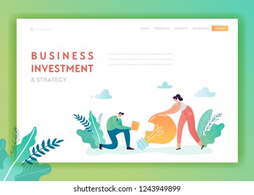 Creative Idea and Business Solutions Landing Page Template. Brainstorming and Innovation Concept with Business People Characters and Light Bulb for Web Page and Website. Vector illustration