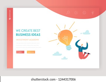 Creative Idea and Business Solutions Landing Page Template. Brainstorming and Innovation Concept with Businessman Character and Light Bulb for Web Page and Website. Vector illustration