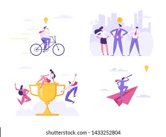 Creative Idea, Business Team, Winner Celebration, Success, Champion Leadership, Goal Achievement. Man Leader Stand on Huge Goblet, Business Vision, Future Strategy, Cartoon Flat Vector Illustration