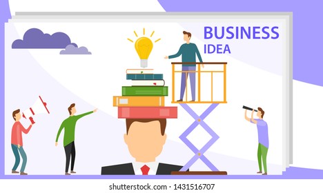 A creative idea came to mind. Search for a creative idea. Light bulb with books on a man's head. Business idea. 