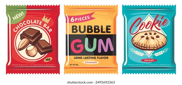 Creative idea for candy packages design. Chocolate bar, bubble gum and cookie graphics. Sweet food vector packages illustration.