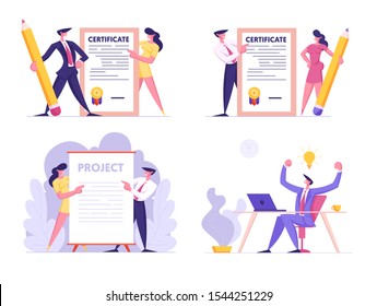 Creative Idea, Certificate and Project Signing Set. Business People Holding Paper Document, Businessman Sitting at Desk Rejoice with Glowing Light Bulb above Head. Cartoon Flat Vector Illustration