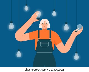 Creative idea, choice concept. Woman holding a bright glowing light bulb. Creativity, thinking, business innovation. Generating innovative ideas. Flat vector illustration  