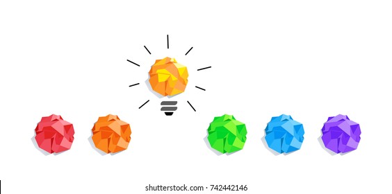 creative idea colorful crumpled paper balls laid horizontally. Modern flat style vector illustration clipart.
