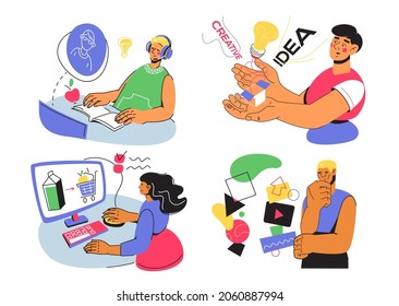 Creative idea - colorful flat design style illustrations with trendy characters. Online education and shopping, inspiration at work, decision making concepts. Images of computers, lightbulb, tasks