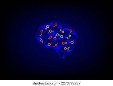 Creative and idea concept. Brain and cog gears wheel inside on blue background. Artificial intelligence. Mechanism teamwork engineer.