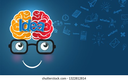 creative idea concept. brain icon and face layout. business concept. isolated background blue. illustration cartoon vector