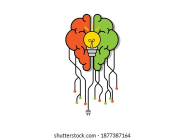 Concepto creativo y de idea. Cerebro con mancha y mancha amarilla y bombilla. Fondo o cartel para el diseño.
